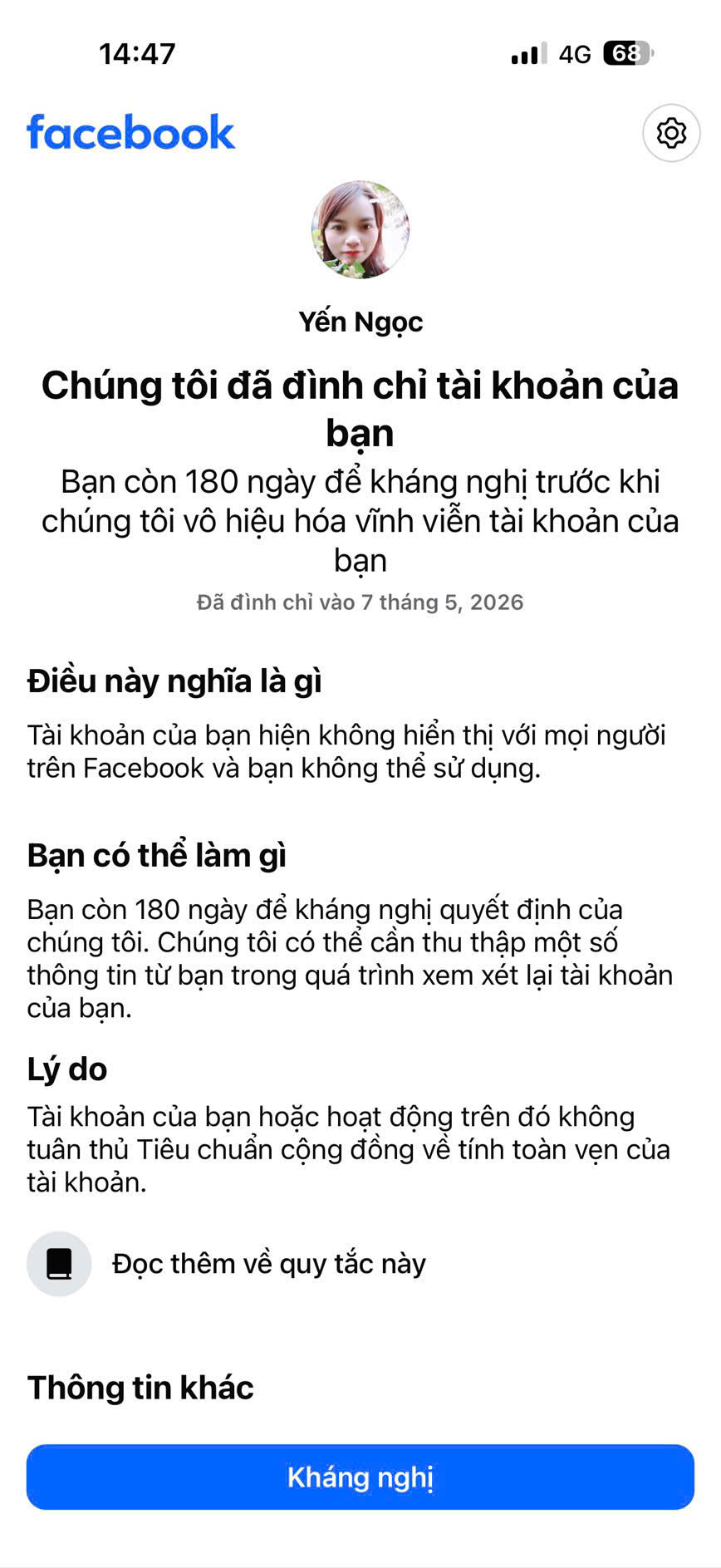Dấu hiệu tài khoản Facebook bị khoá đình chỉ 180 ngày.