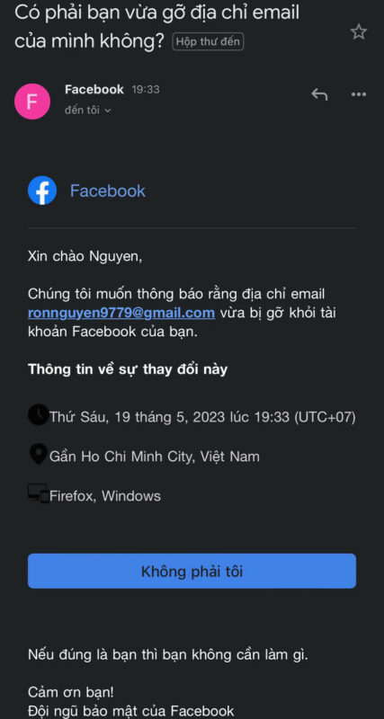 Một email thông báo gửi về sau khi Facebook của bạn bị hack