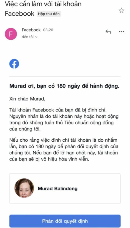 Email thông báo tài khoản Facebook bị khoá do vi phạm tiêu chuẩn cộng đồng, và có 180 ngày để kháng cáo