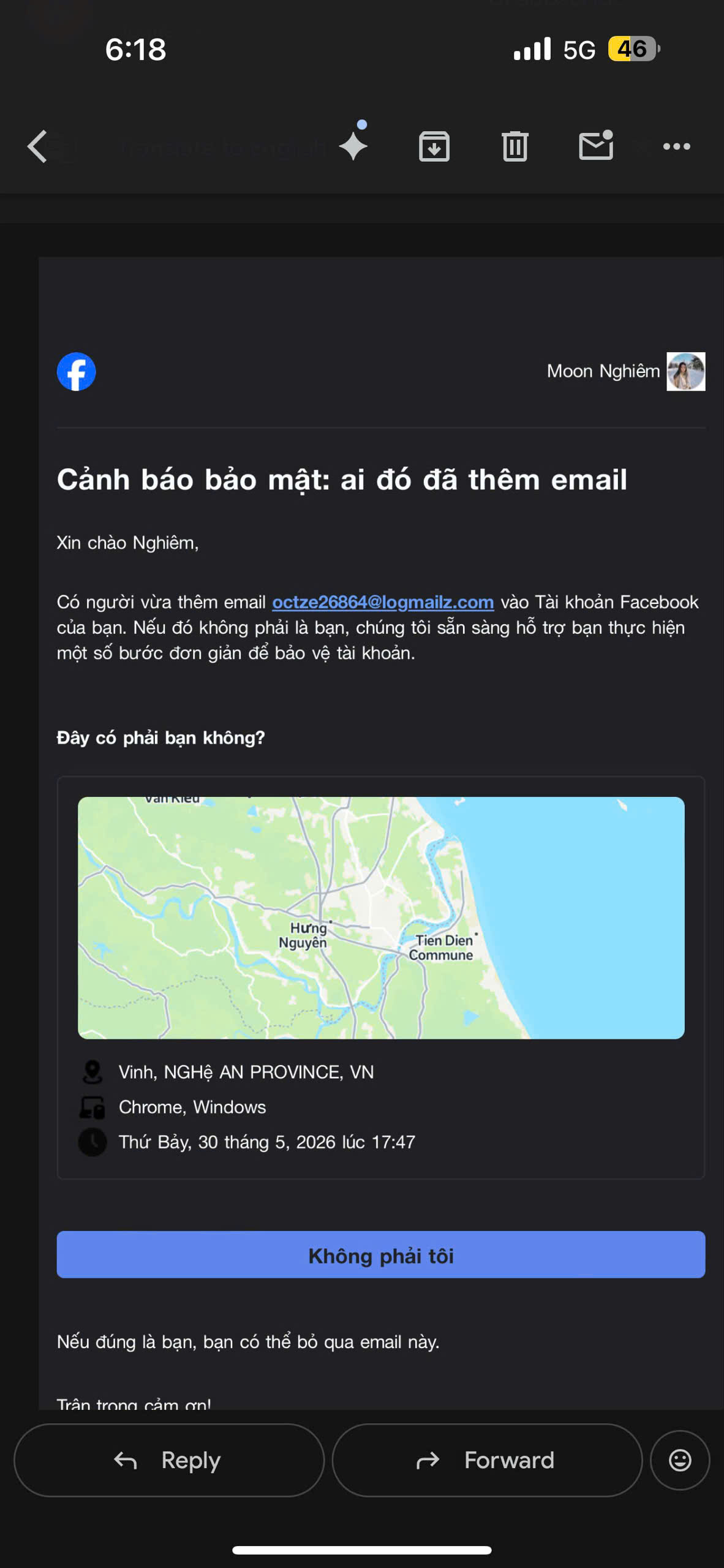 Một email thông báo gửi về sau khi Facebook của bạn bị hack