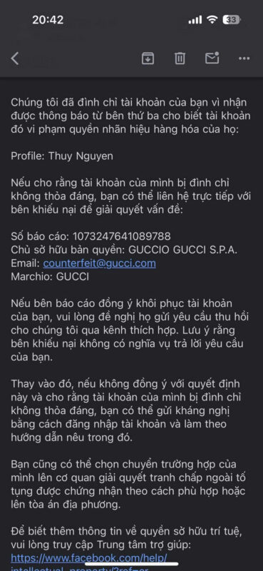 Fanpage Facebook bị vô hiệu hóa do vi phạm bản quyền thương hiệu.
