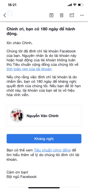 Facebook thông báo đình chỉ 180 ngày về email.