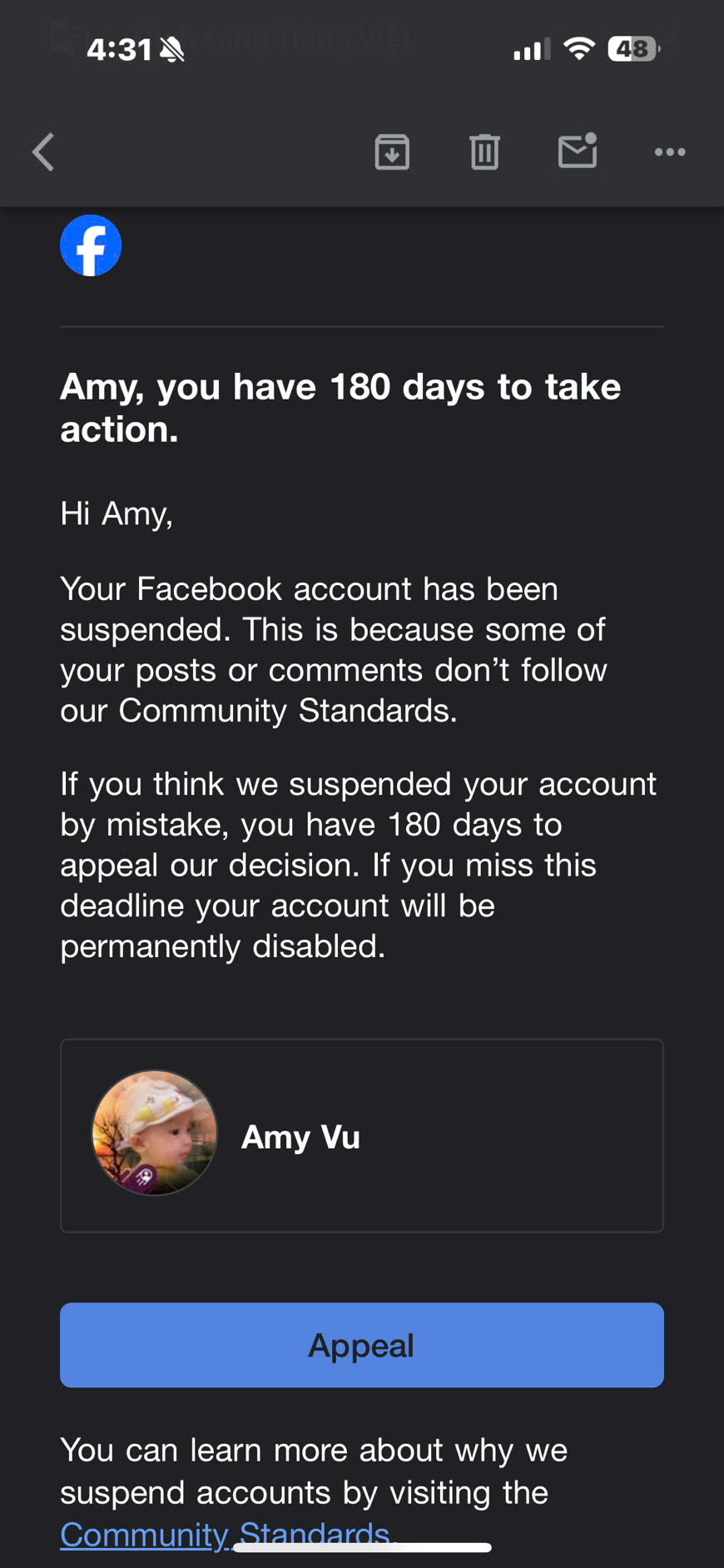 Facebook thông báo đình chỉ 180 ngày về email.
