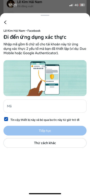 Facebook bị xác thực 2 yếu tố.