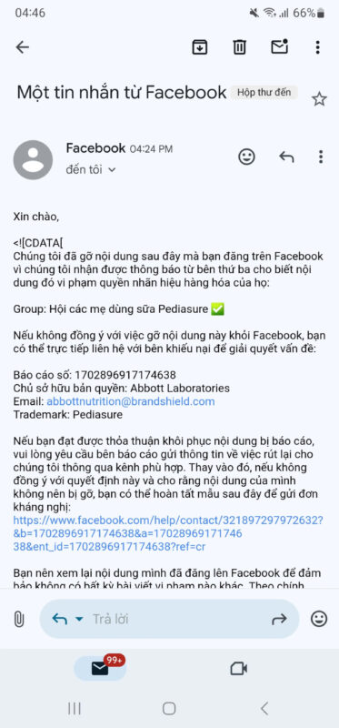 Group Facebook bị vô hiệu hóa do vi phạm bản quyền thương hiệu.