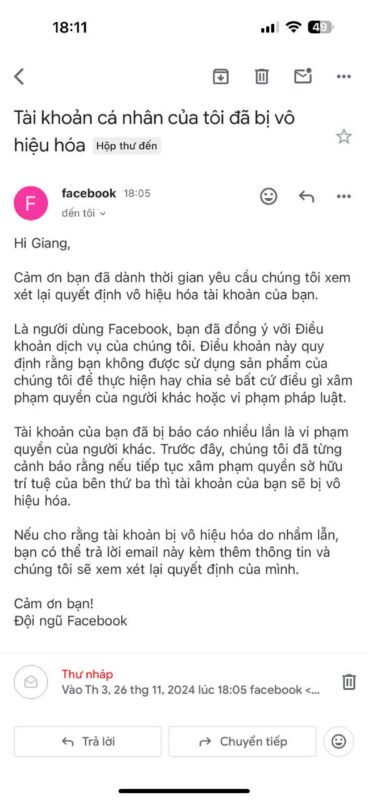 Nguyên nhân khiến tài khoản Facebook bị vô hiệu hóa do vi phạm bản quyền thương hiệu.