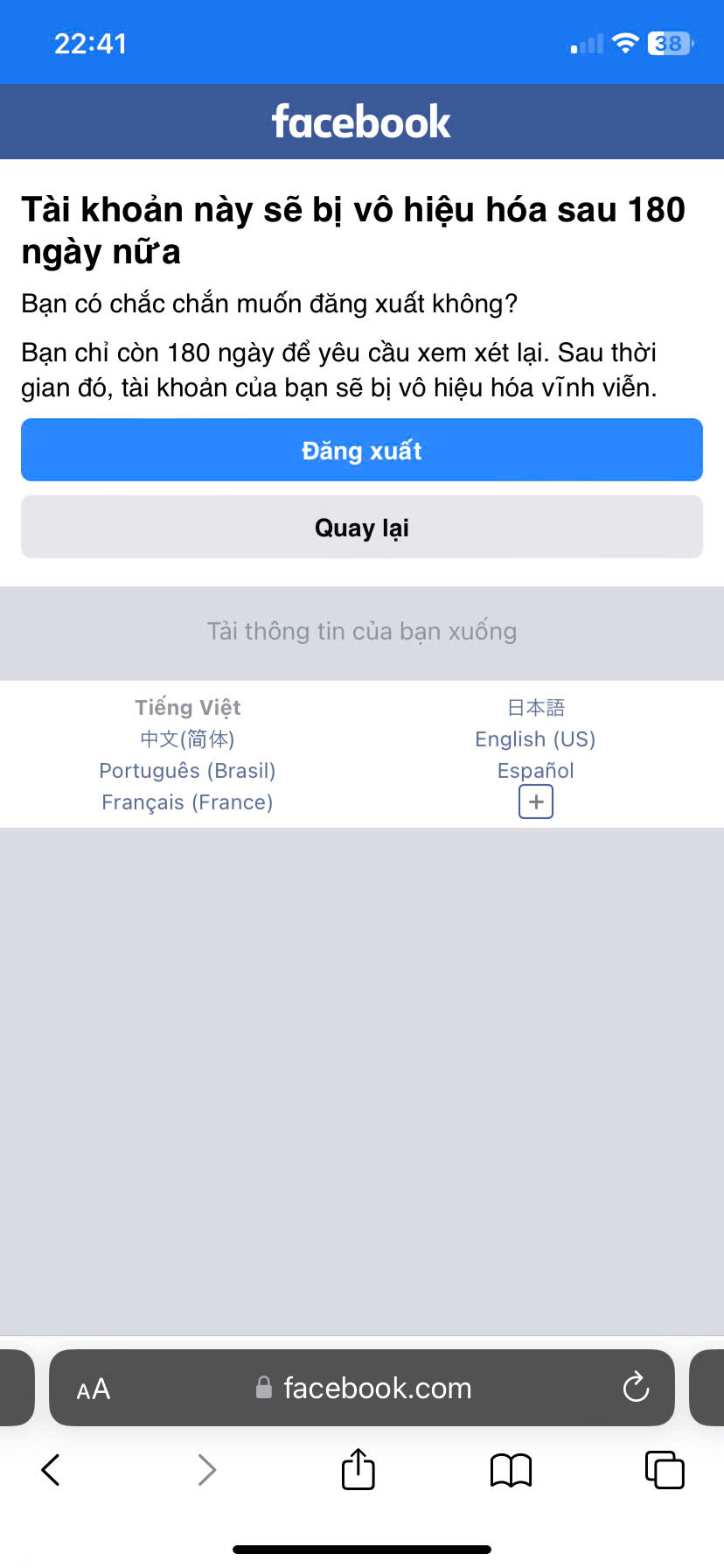 Thông báo đình chỉ 180 ngày về khi đăng nhập vào Facebook.
