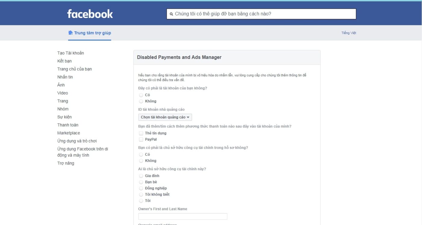 Một ví dụ tự kháng nghị bằng form có sẵn của Meta
