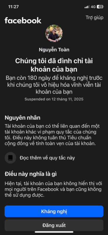 Dấu hiệu khi Facebook bị đình chỉ 180 ngày.