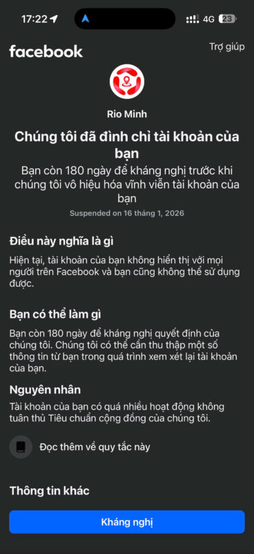 Dấu hiệu khi Facebook bị đình chỉ 180 ngày.