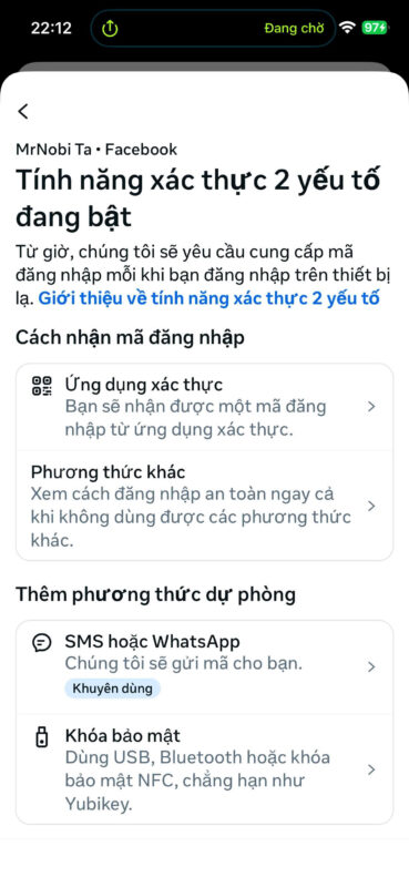 Các phương thức xác thực 2 yếu tố Facebook.