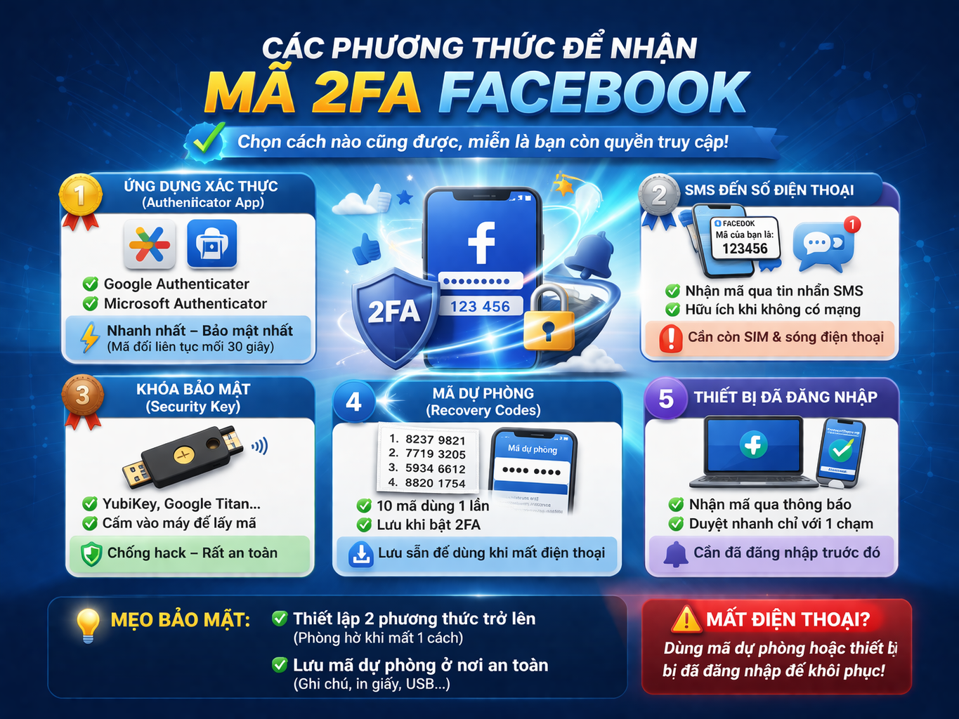 Các phương thức để nhận mã 2FA Facebook.