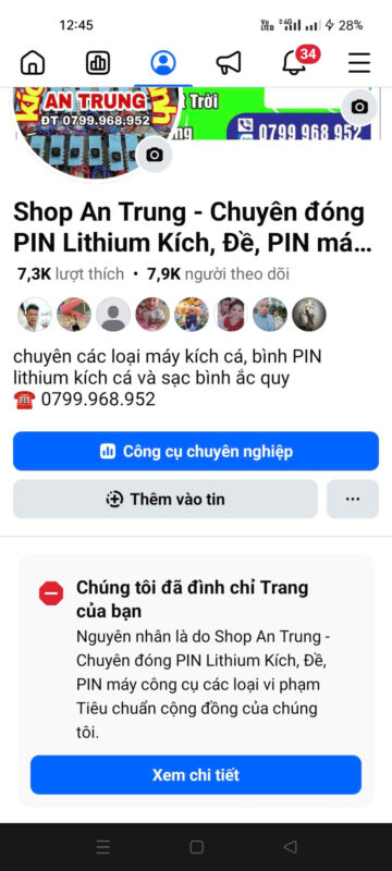 Nhận được thông báo vi phạm từ Facebook.