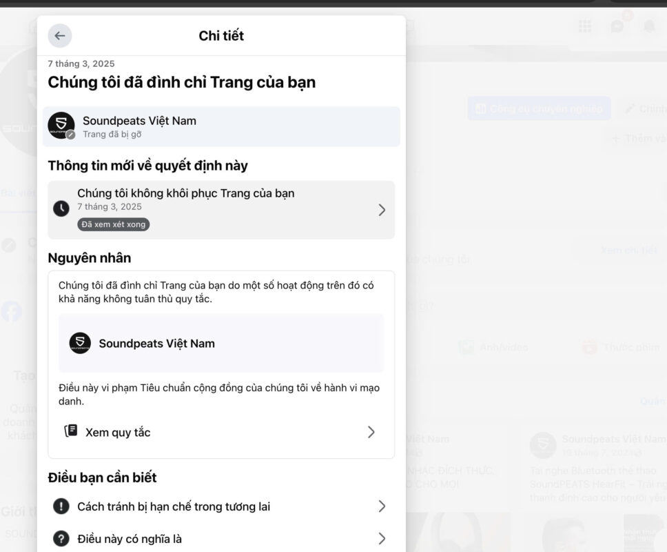Khi truy cập Fanpage xuất hiện thông báo lỗi.