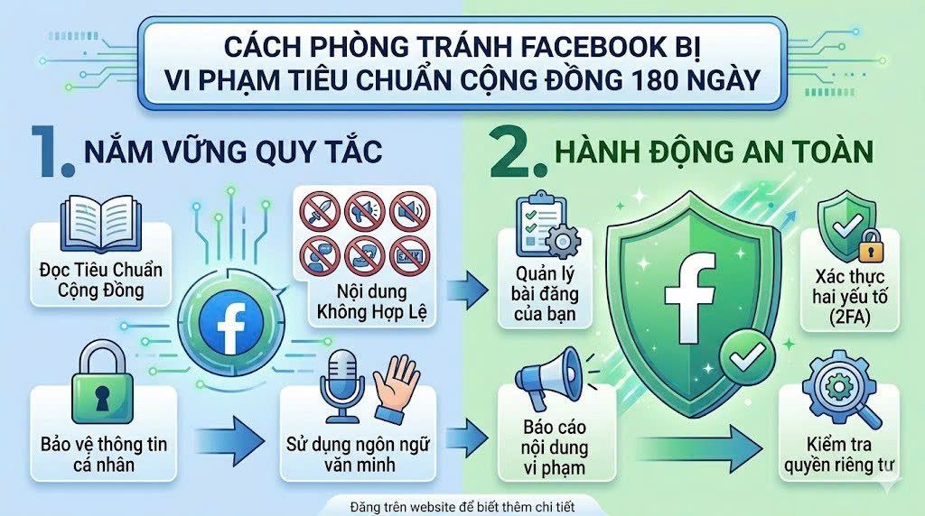 Cách phòng tránh Facebook bị vi phạm tiêu chuẩn cộng đồng 180 ngày.