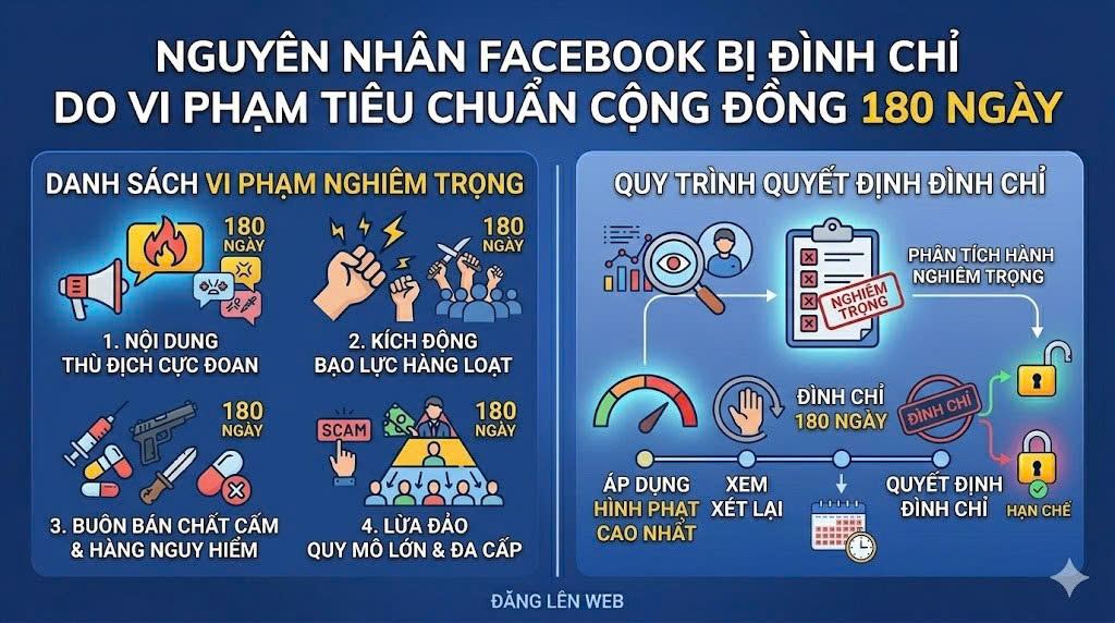 Nguyên nhân khiến Facebook bị đình chỉ do vi phạm vi phạm tiêu chuẩn cộng đồng 180 ngày.