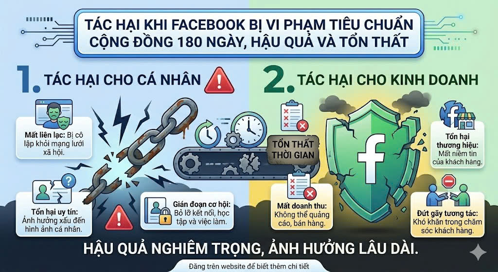 Tác hại khi Facebook bị vi phạm tiêu chuẩn cộng đồng 180 ngày.