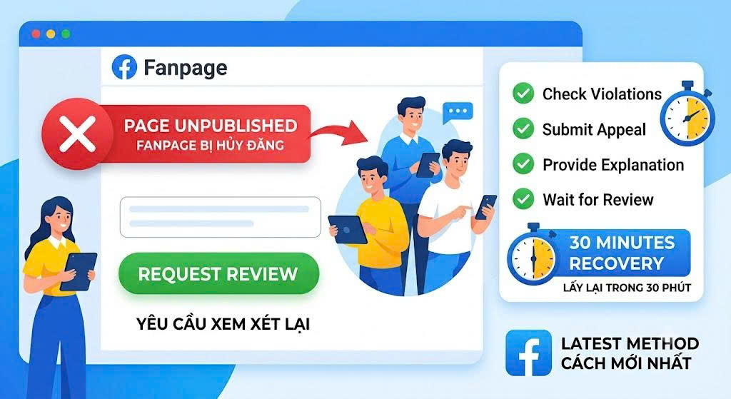 Fanpage Facebook bị huỷ đăng có lấy được không? Cách lấy lại trong 30 phút mới nhất.